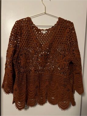 Ultra Pink Brand - Crochet Boho V-Neck in Rust Brown